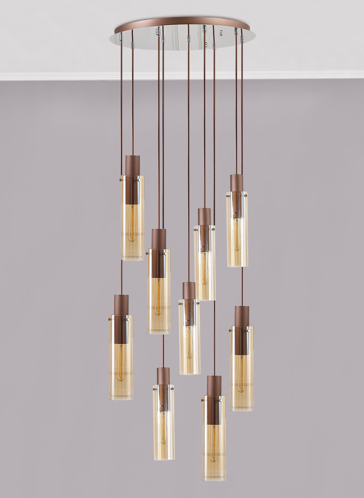 BUN7619 Bunda Slim 9 Light Pendant Mocha/Chrome/Amber
