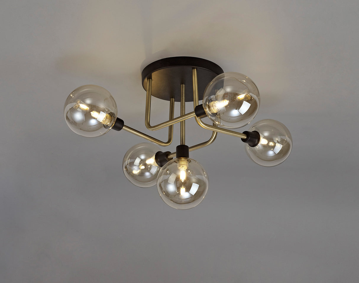 DEN0377 Denab Ceiling 5 Light in a Matt Black/Antique Brass/Cognac Finish