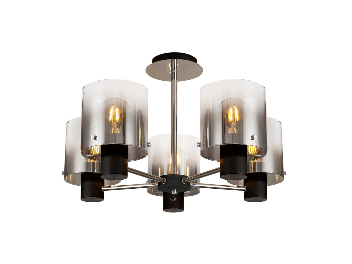 BUN2048 Bunda Semi Flush 5 Light Ceiling Light in a Black/Chrome/Smoke Fade Finish
